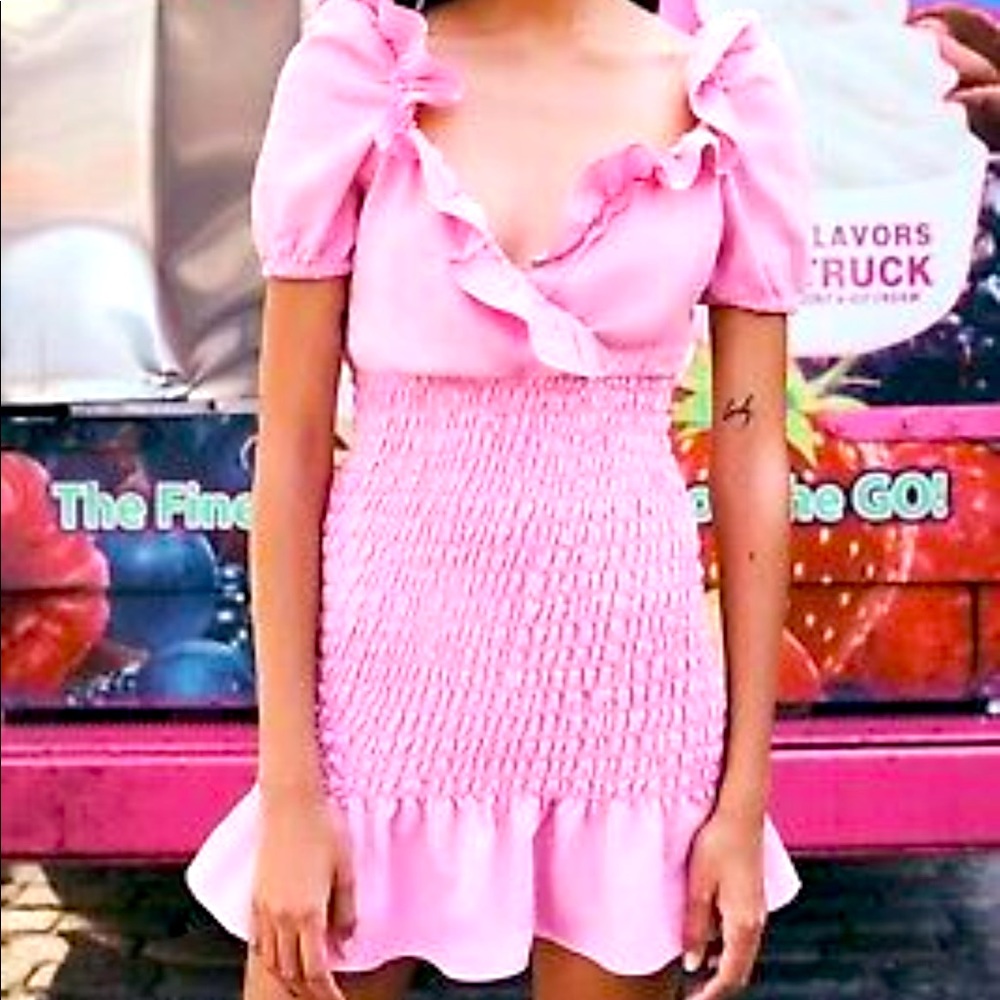 Zara Pink Smocked Off Shoulder Dress